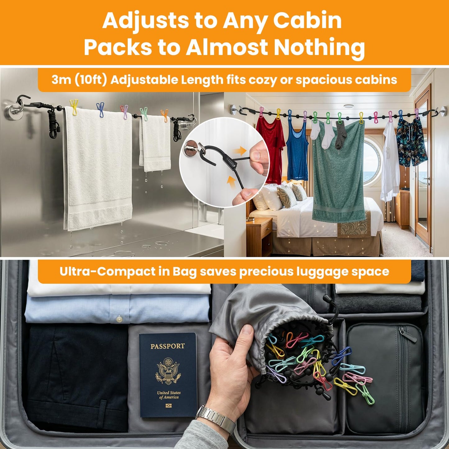 No-Sag Cruise Clothesline,Cruise Essential 2026, 6PCS Magnetic Hooks 32/20mm | for holding Wet Towels Swimsuits Clothes in Cruise Ship Cabin RV