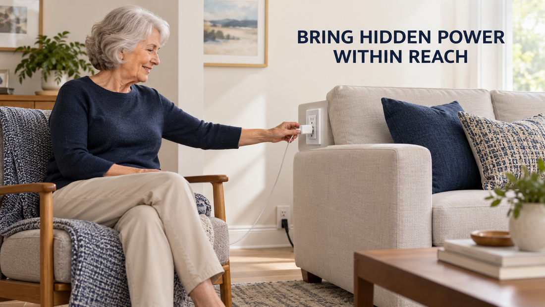 PowerReach accessible outlet extender concept bringing hidden power beside a sofa