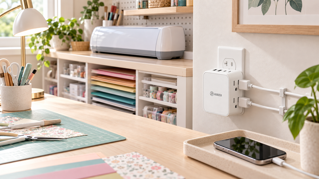 HONIZER ZeroEdge side-access outlet splitter organizing power at a wall craft-room workstation