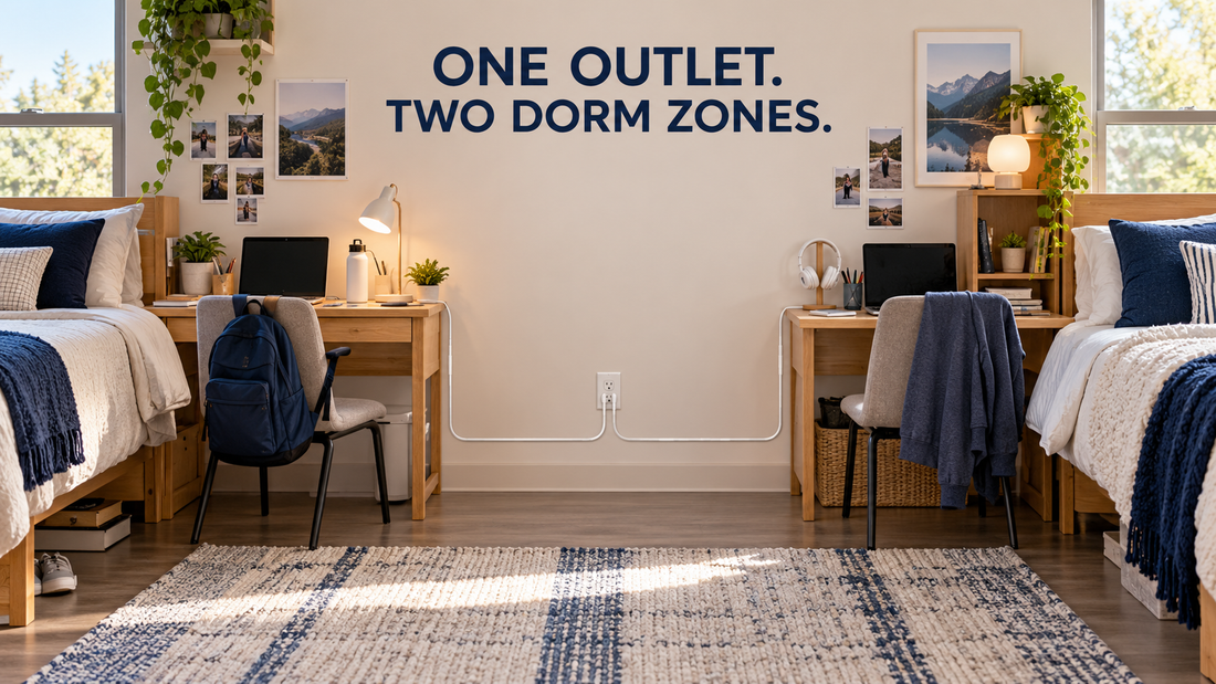 TwinFlex dorm room extension cord setup distributing power to two student zones