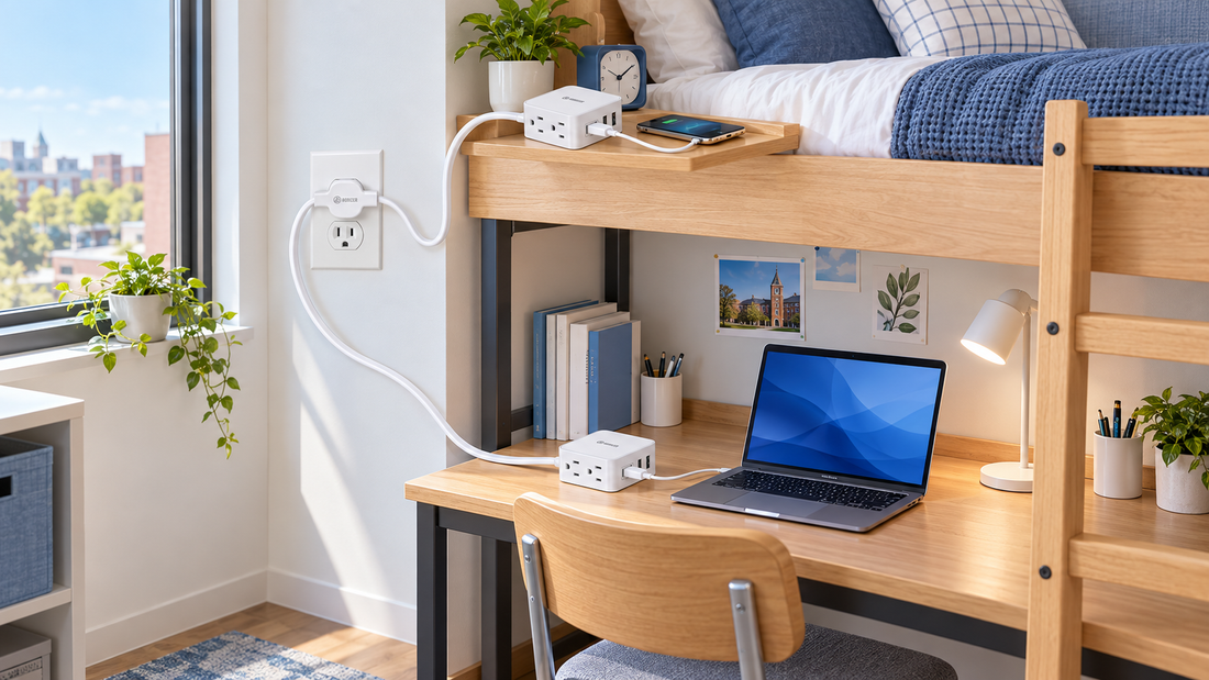 HONIZER TwinFlex extension cord creating separate power zones for a loft bed and study desk