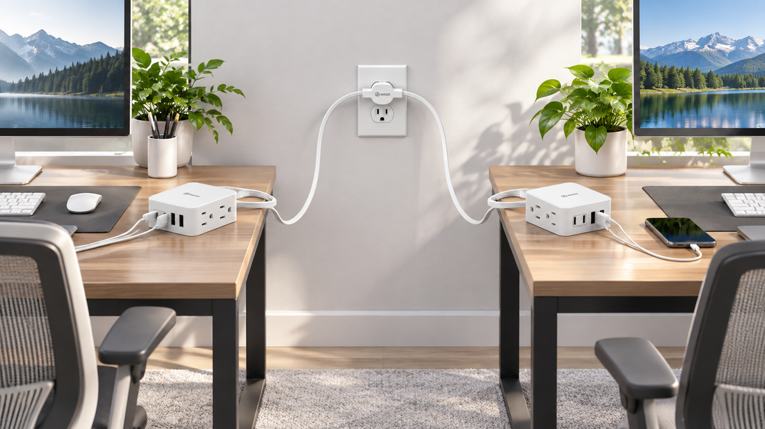 HONIZER TwinFlex extension cord creating two power zones for two computer desks