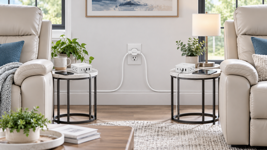 HONIZER TwinFlex extension cord creating two organized power zones beside a pair of recliners