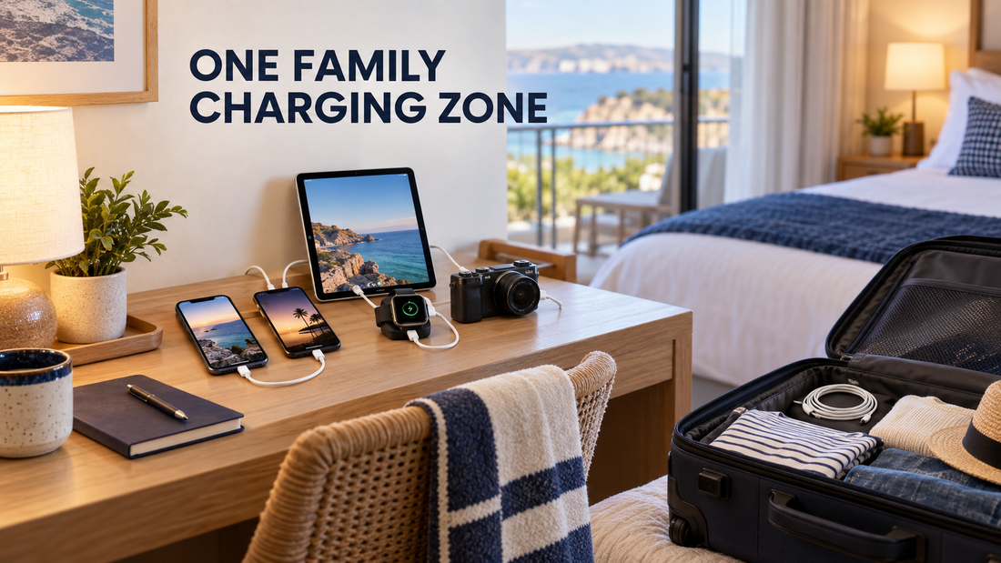 TravelWrap family travel charging station organizing devices in a vacation room