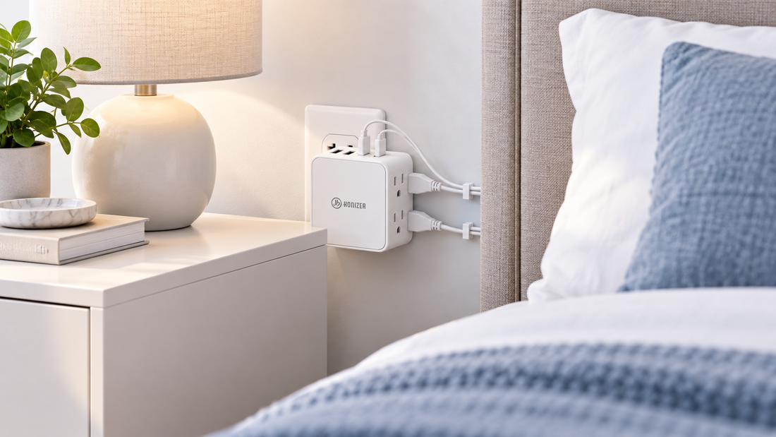 HONIZER ZeroEdge flat outlet extender routing bedside power along the wall behind a bed