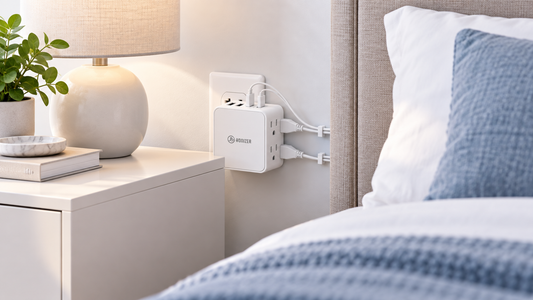 HONIZER ZeroEdge flat outlet extender routing bedside power along the wall behind a bed