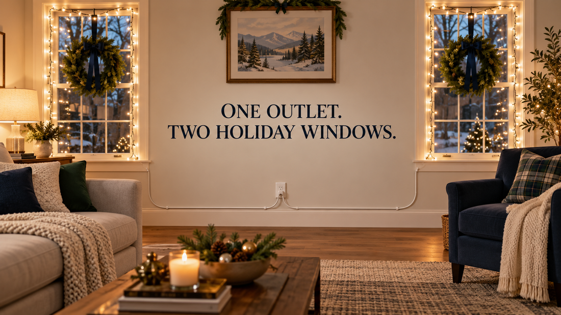 TwinFlex indoor Christmas lights extension cord distributing power to two holiday windows