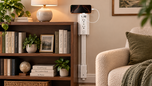 HONIZER PowerReach outlet extender bringing a hidden outlet beside a bookcase within easy reach