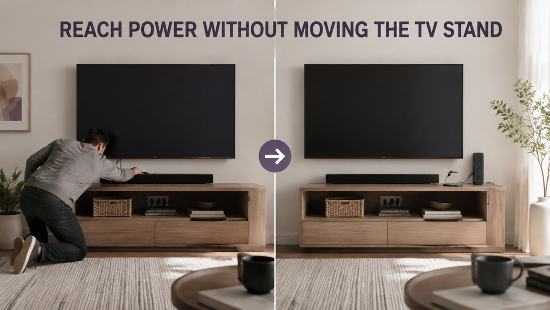 Outlet extender solution bringing power within reach beside a TV stand