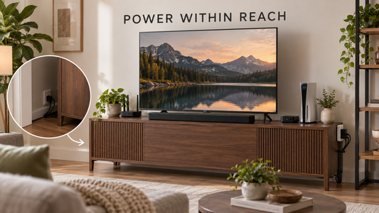 HONIZER PowerReach concept bringing a hidden outlet behind a TV stand into easy reach