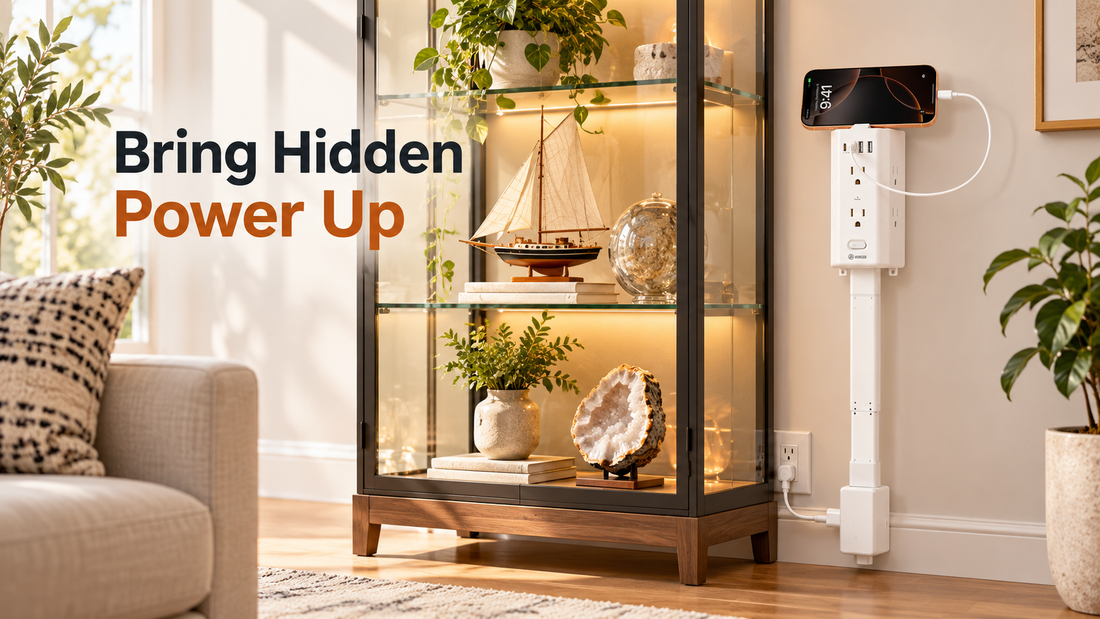 HONIZER PowerReach outlet extender beside a display cabinet bringing a hidden wall outlet within reach