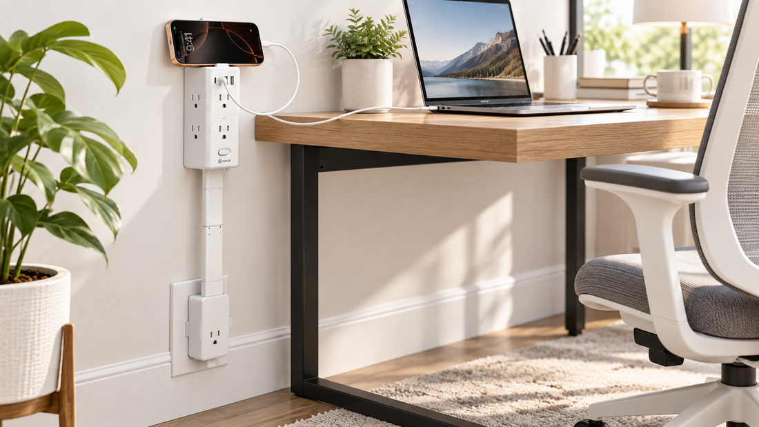 HONIZER PowerReach outlet extender raising a hard-to-reach under-desk outlet to desktop height