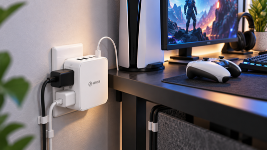 HONIZER ZeroEdge outlet splitter providing side-access power for a compact gaming setup