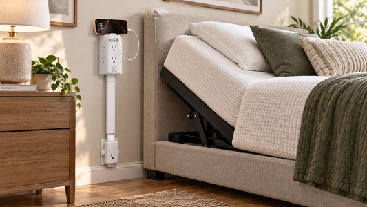 HONIZER PowerReach outlet extender bringing a hidden adjustable-bed outlet to accessible bedside height