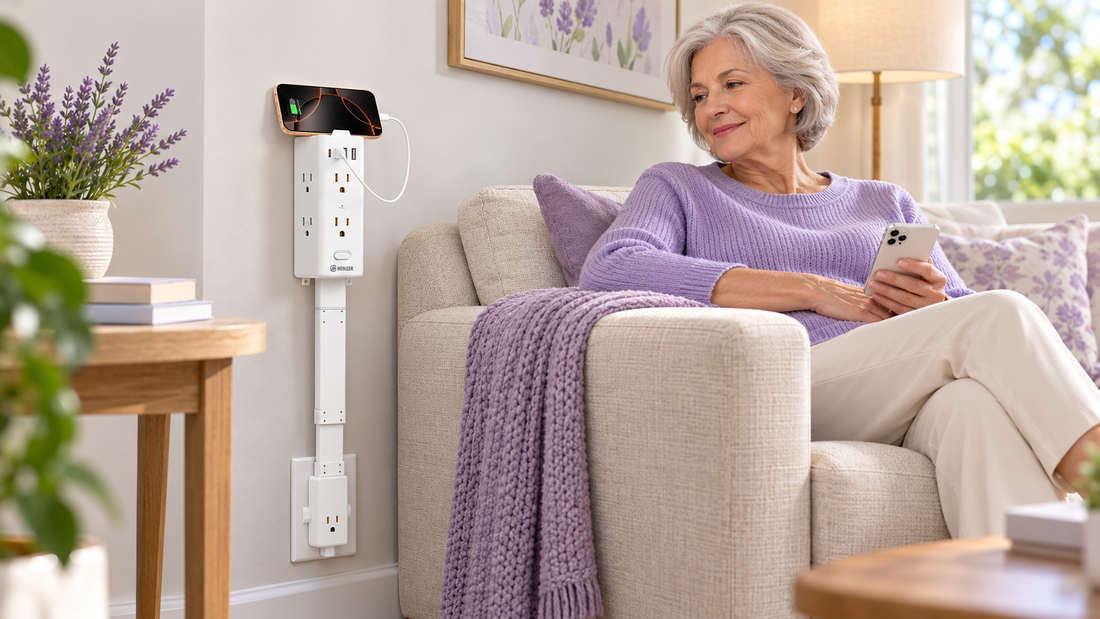 HONIZER PowerReach outlet extender raising a low wall outlet beside a sofa for easier reach by an older adult
