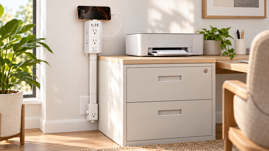 HONIZER PowerReach outlet extender bringing power above a filing cabinet in a home office