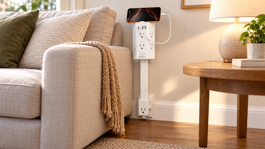 HONIZER PowerReach outlet extender raising a low wall outlet to an accessible height beside a sofa
