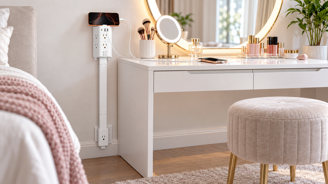 HONIZER PowerReach outlet extender bringing a low bedroom vanity outlet up beside the tabletop