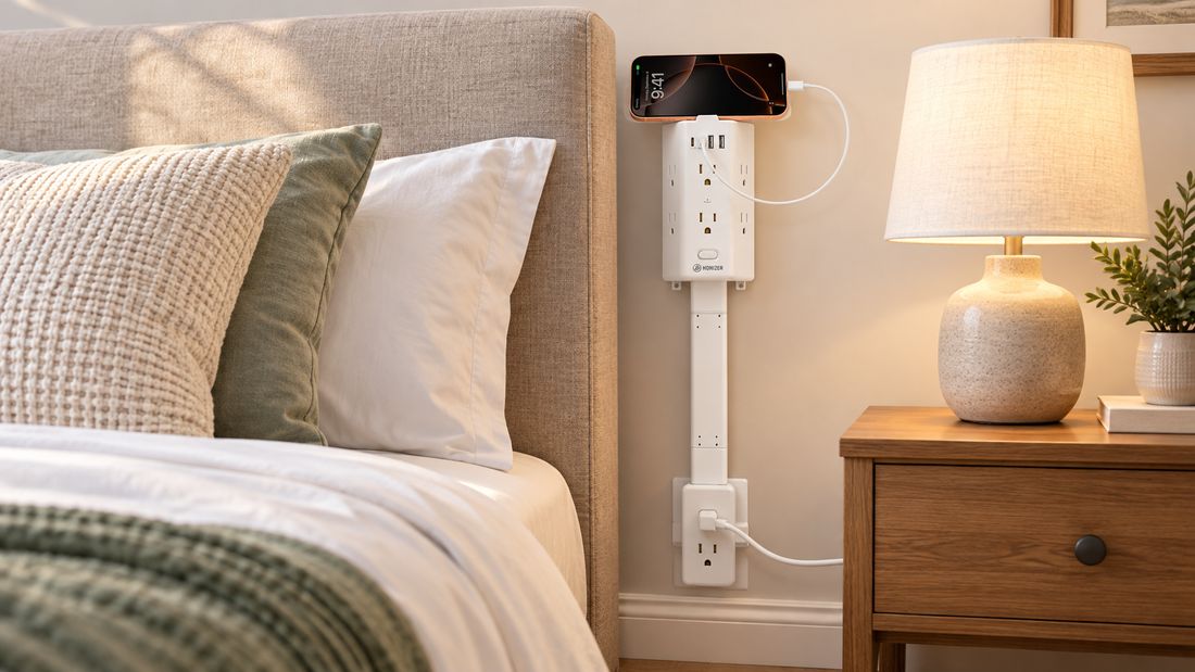 HONIZER PowerReach outlet extender raising a blocked outlet beside a bedroom headboard