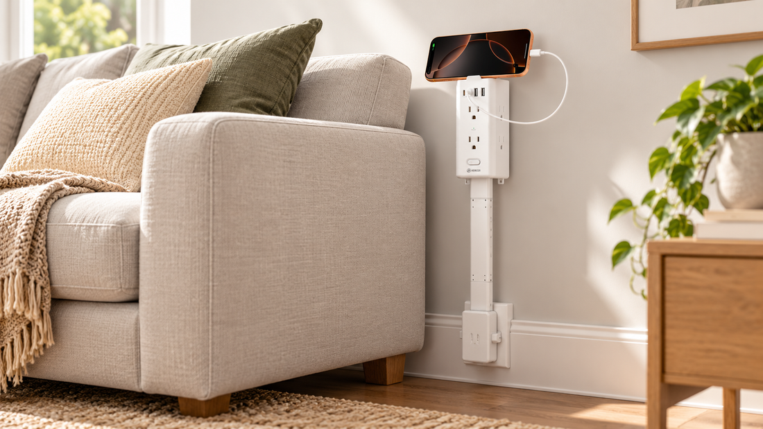 HONIZER PowerReach outlet extender with phone shelf bringing charging above furniture
