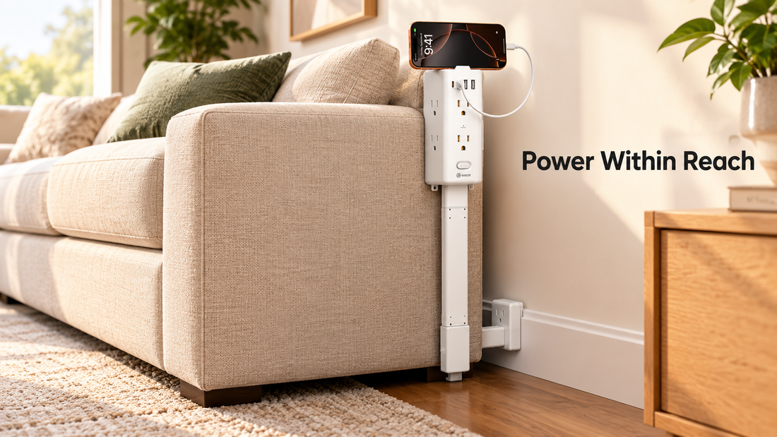 HONIZER PowerReach outlet extender bringing a blocked outlet behind a couch within easy reach