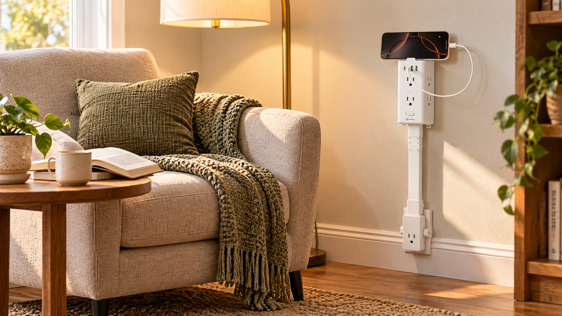 HONIZER PowerReach outlet extender bringing a low reading nook outlet within reach beside an armchair