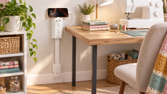 HONIZER PowerReach outlet extender bringing a hidden outlet up beside a sewing and craft table
