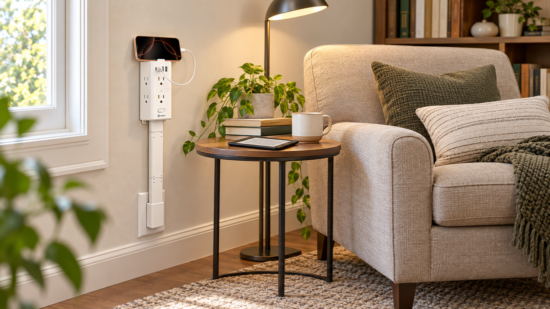 HONIZER PowerReach outlet extender bringing a hidden outlet within reach beside an armchair