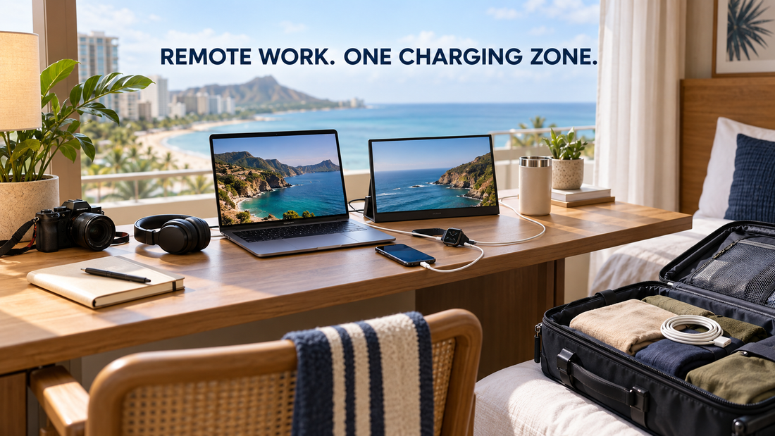 TravelWrap travel power strip organizing a remote-work charging station in a hotel