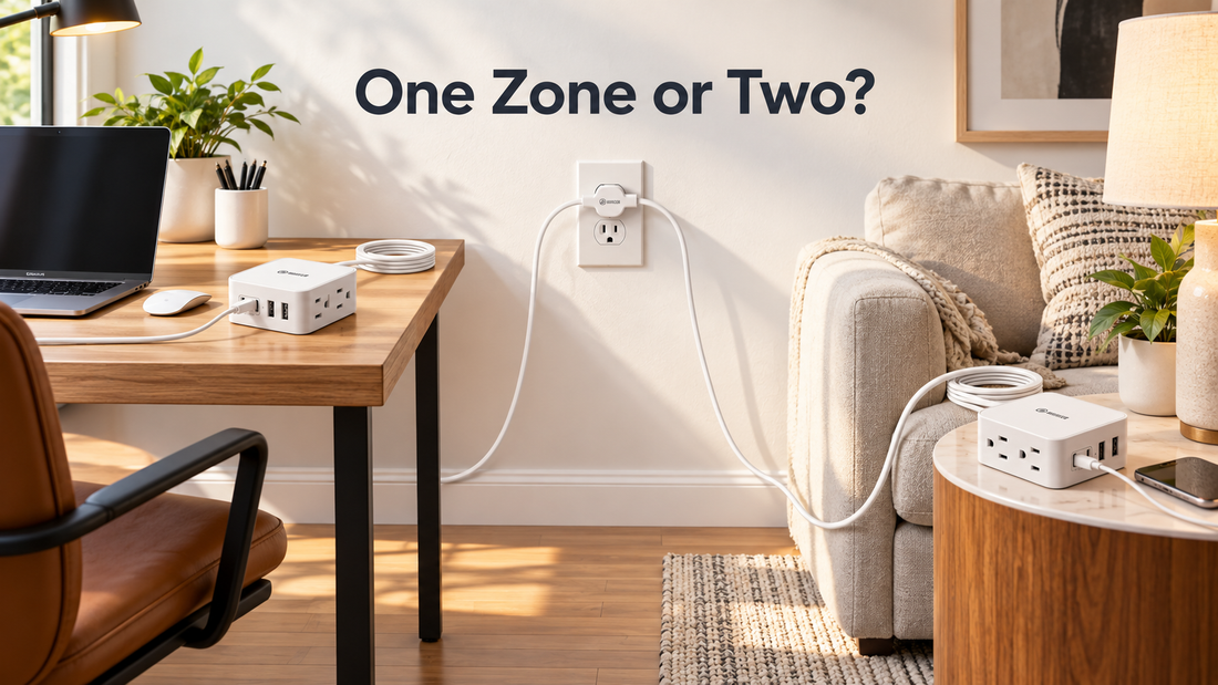 HONIZER TwinFlex split extension cord compared with a single-zone power strip for two-area power