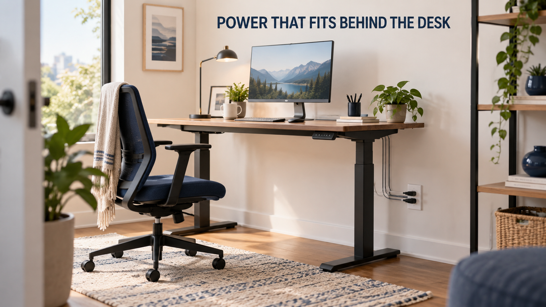 ZeroEdge outlet extender setup keeping power accessible behind a standing desk