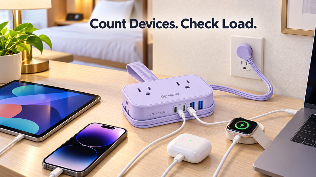 HONIZER TravelWrap travel power strip organizing multiple devices in a shared hotel charging zone