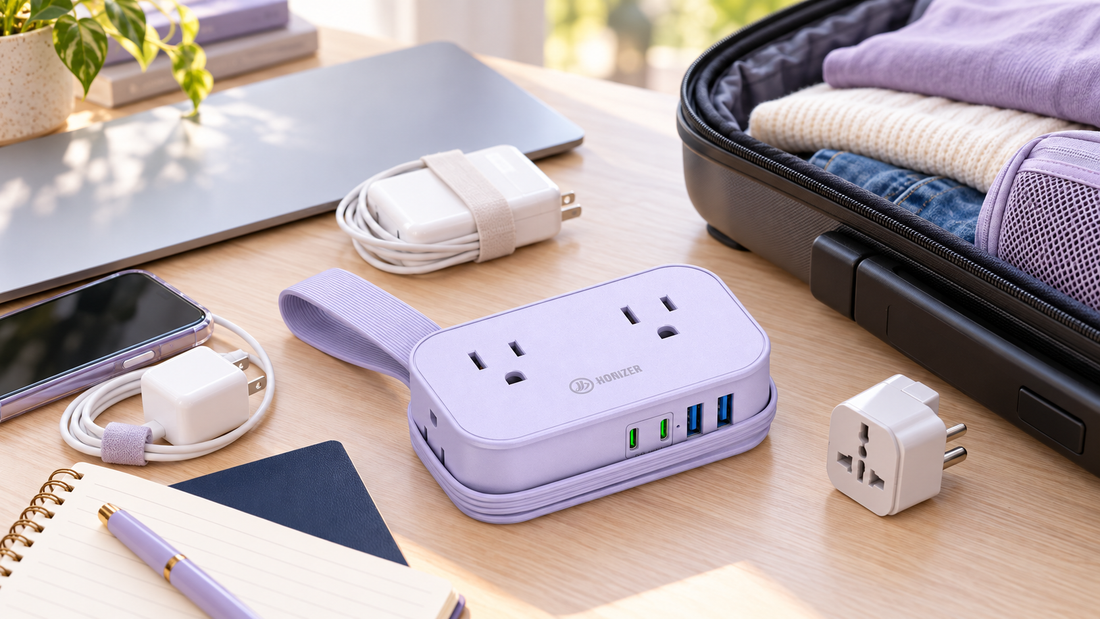 HONIZER TravelWrap power strip packed with a plug adapter and chargers for study abroad