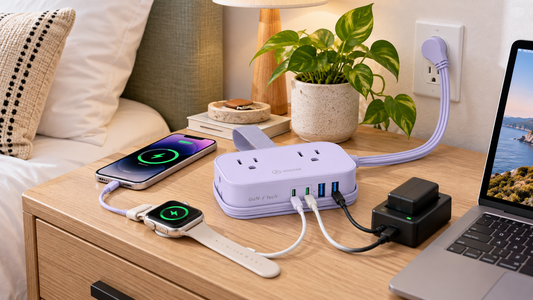 HONIZER TravelWrap power strip organizing phone, watch, camera, and laptop charging in an Airbnb bedroom