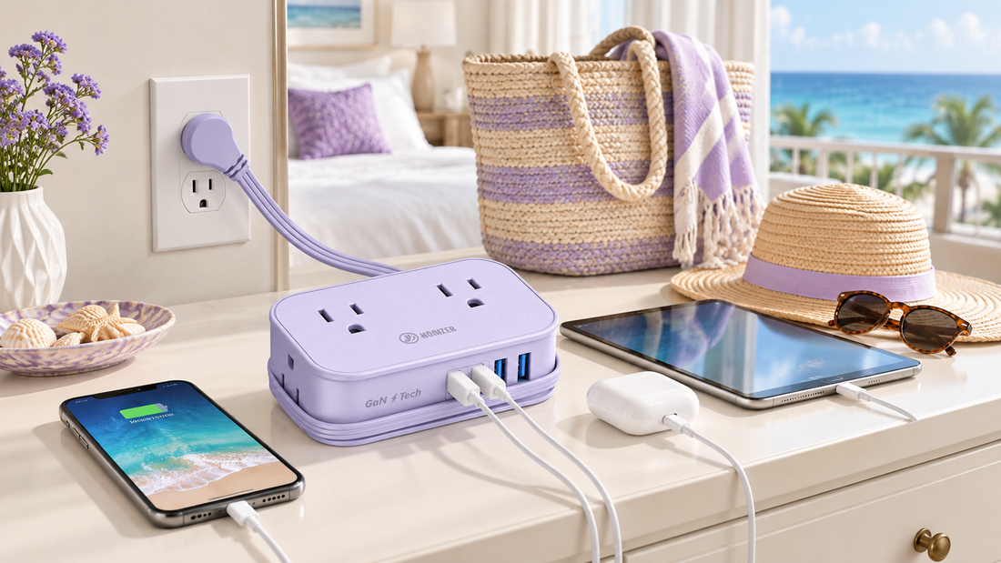 HONIZER TravelWrap travel power strip organizing devices in a dry indoor charging zone at a beach vacation rental