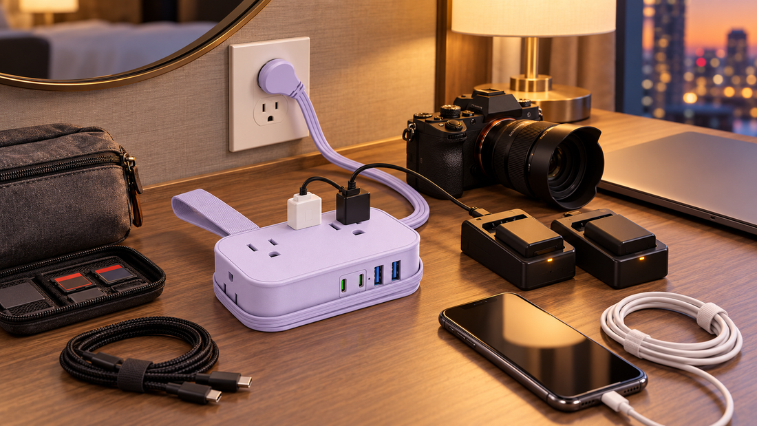 HONIZER TravelWrap power strip organizing camera battery chargers and travel photography gear on a hotel desk