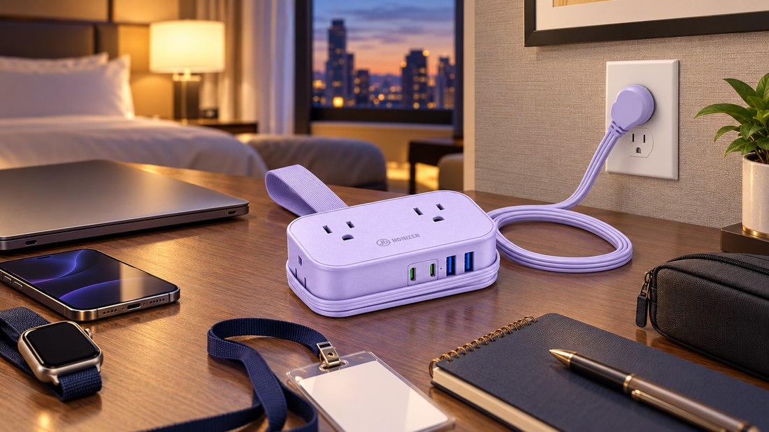 HONIZER TravelWrap travel power strip organizing a conference travel charging station on a hotel desk
