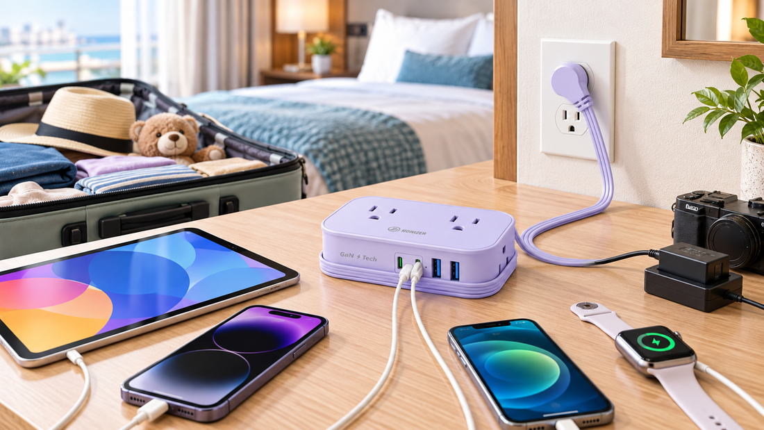 HONIZER TravelWrap power strip organizing family vacation devices in a hotel room