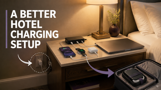 TravelWrap hotel charging setup organizing several devices beside the bed