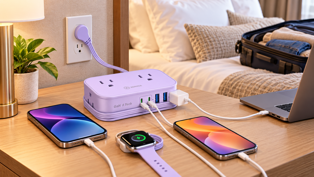 HONIZER TravelWrap travel power strip organizing bedside charging for two travelers in a hotel room