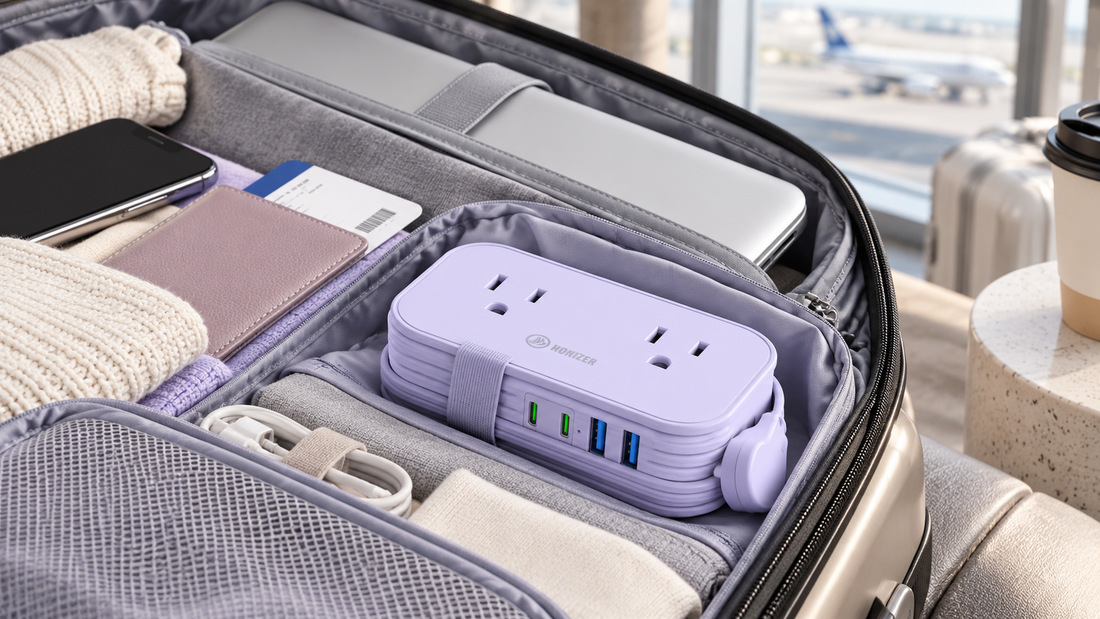 HONIZER TravelWrap power strip packed neatly in a carry-on bag for air travel