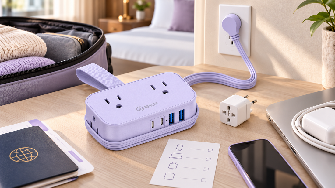 HONIZER TravelWrap power strip beside a plug adapter in an international travel charging kit