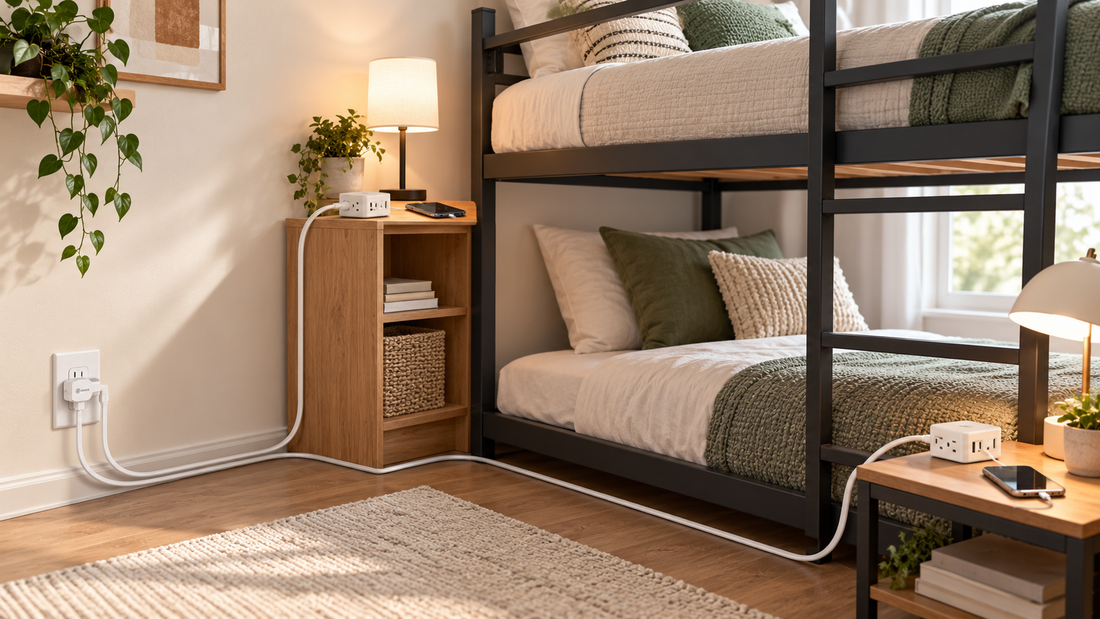 HONIZER TwinFlex split extension cord creating separate power zones beside a bunk bed