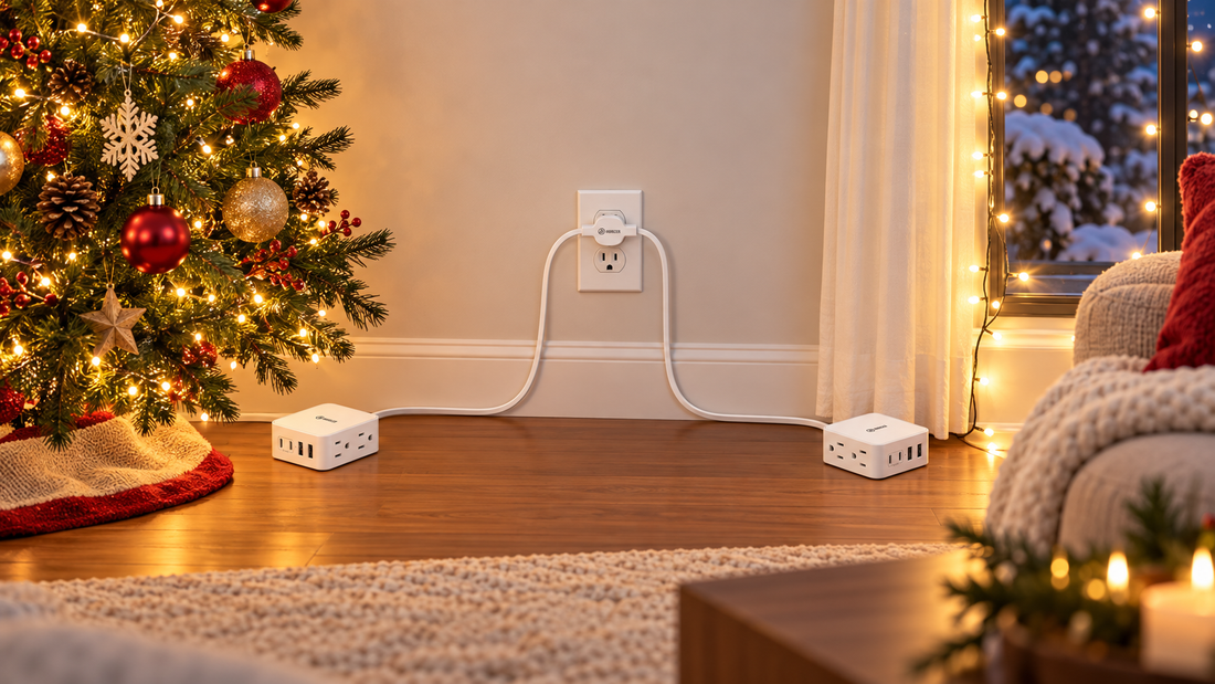 HONIZER TwinFlex split extension cord powering a Christmas tree and window lights in two indoor zones