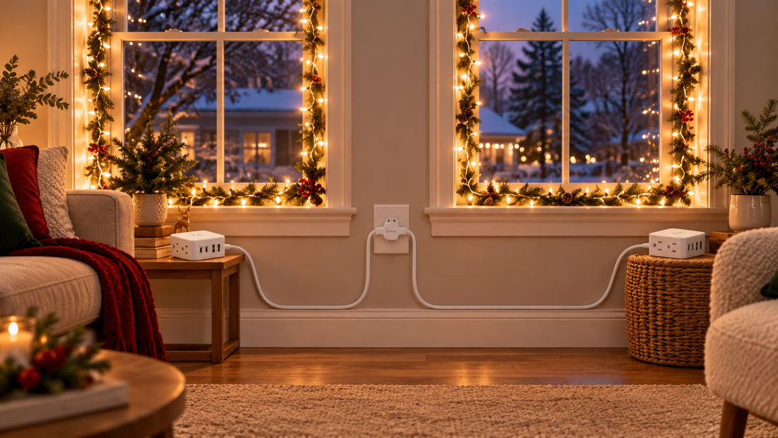 HONIZER TwinFlex split extension cord powering two indoor Christmas window light zones