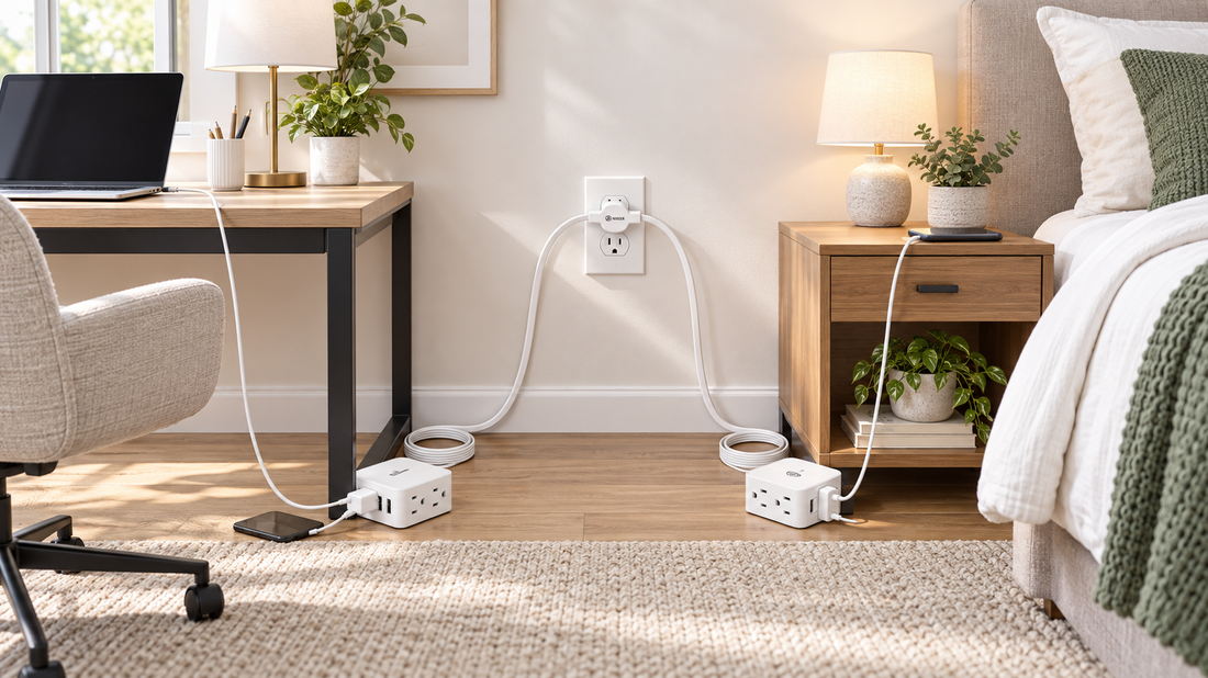 HONIZER TwinFlex split extension cord creating desk and bedside power zones in a guest room office