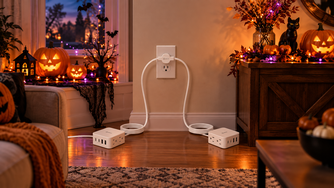 HONIZER TwinFlex split extension cord powering two indoor Halloween decoration zones