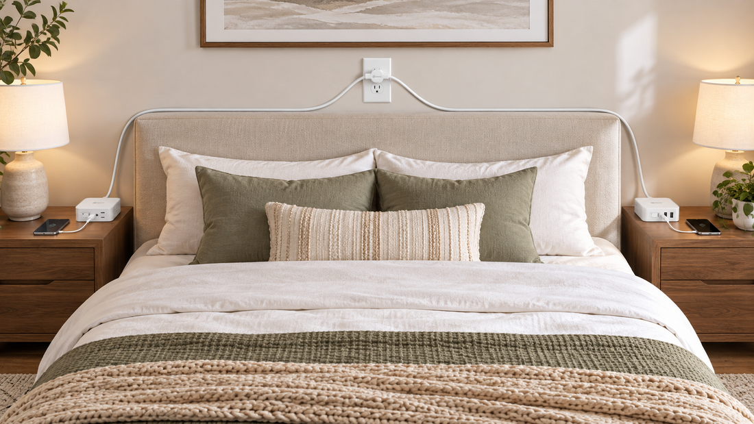 HONIZER TwinFlex split extension cord routing power to both sides of a king bed