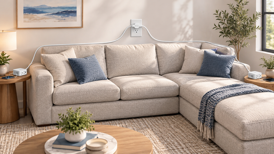 HONIZER TwinFlex split extension cord creating organized power zones at both ends of a sectional sofa