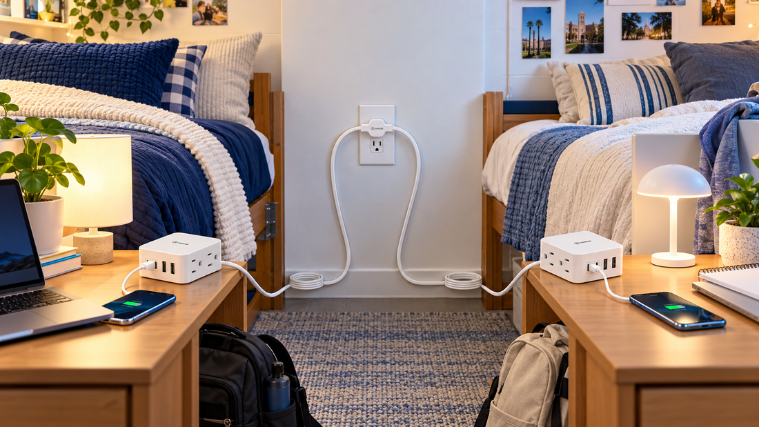 HONIZER TwinFlex split extension cord creating two organized power zones in a shared college dorm room